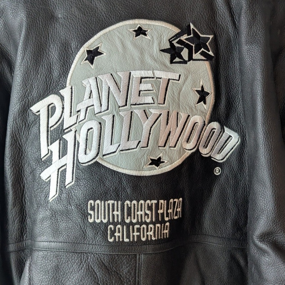 Vtg 90s Planet Hollywood Bomber Jacket Black Leather South Coast California 2XL - Picture 2 of 11